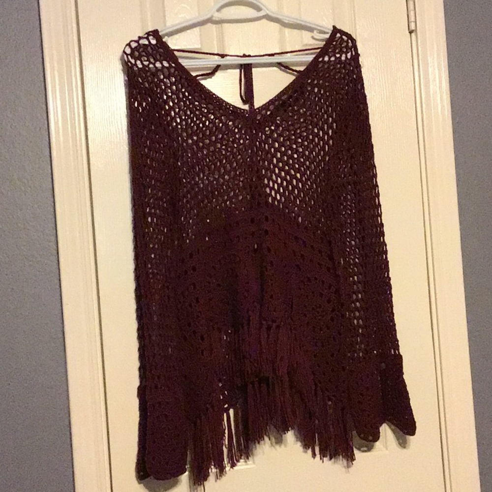 Maroon sweater with fringe detail